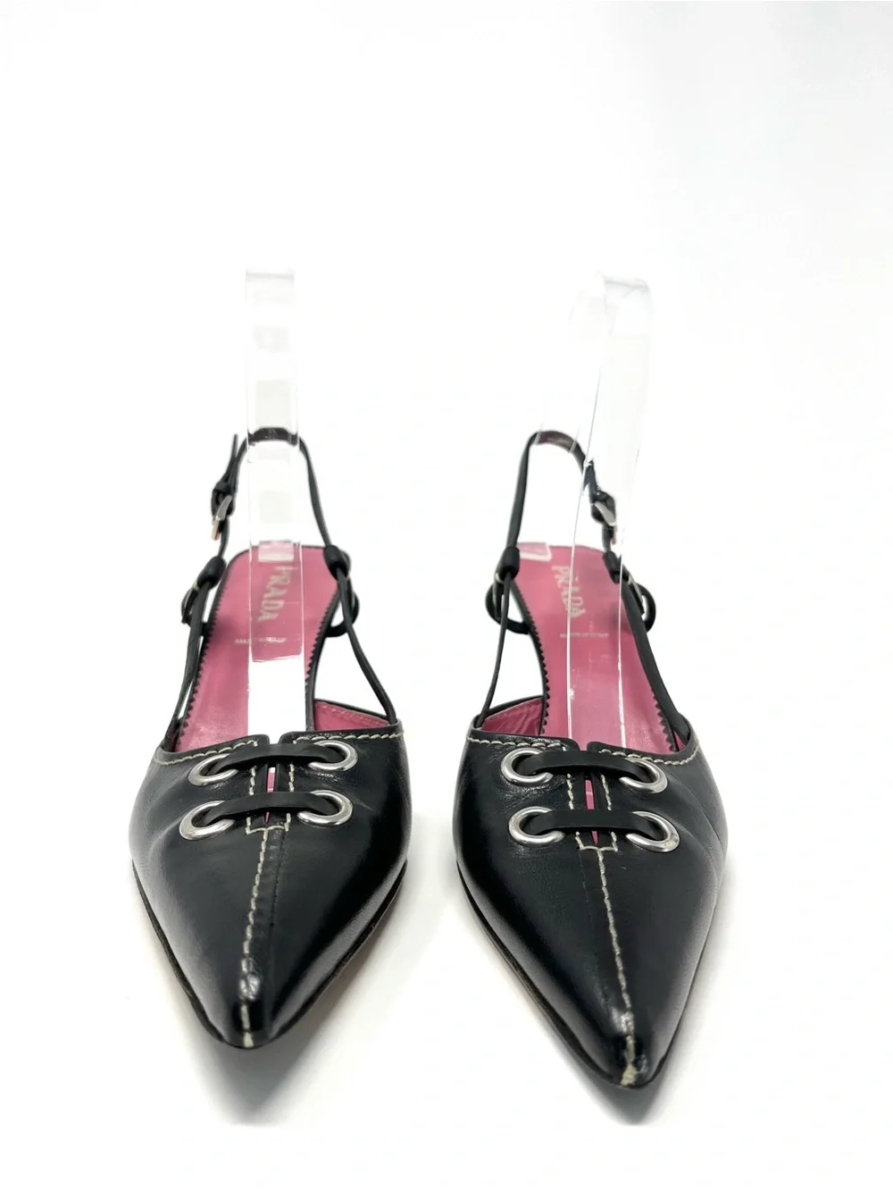 Vintage Prada 90s Black Leather Pointed Toe Grommet Slingback Kitten Heels 37.5 - Picture 3 of 10